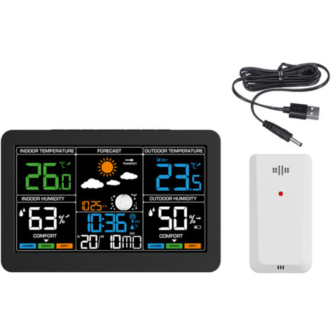 Estación meteorológica de pantalla grande con reloj: monitor inalámbrico de temperatura y humedad por radiofrecuencia y pronóstico del tiempo.