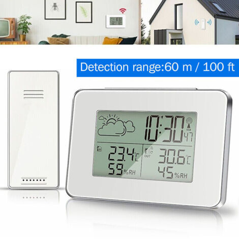 Estación meteorológica digital inalámbrica con reloj, calendario y termómetro para uso interior y exterior.
