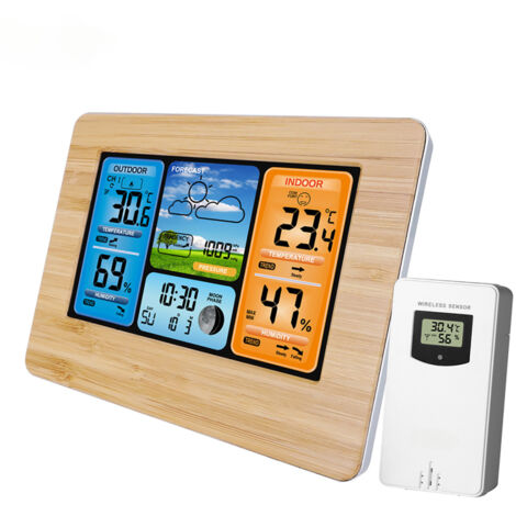 Estación meteorológica digital multifuncional con pantalla LCD, alarma, barómetro, termómetro e higrómetro, para uso interior y exterior, con sensor exterior inalámbrico y cable de alimentación USB.