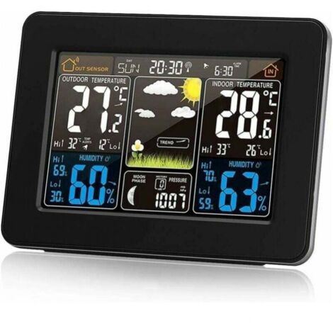 Estación meteorológica inalámbrica con alarma y sensor de temperatura, humedad, barómetro, despertador, reloj lunar y meteorológico externo, pantalla digital a color PT3365