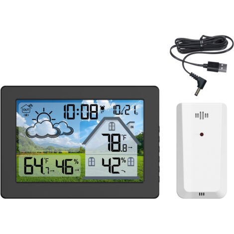 Estación meteorológica inalámbrica con reloj, sensor exterior, visualización de temperatura y humedad interior/exterior, calendario, registro de máximas/mínimas y alimentación USB.