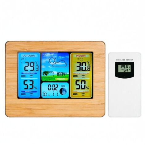 Estación meteorológica inalámbrica FanJu, termómetro, higrómetro, barómetro, pantalla LCD a color, despertador, función de repetición de alarma, fases lunares, alimentación por USB/pilas.