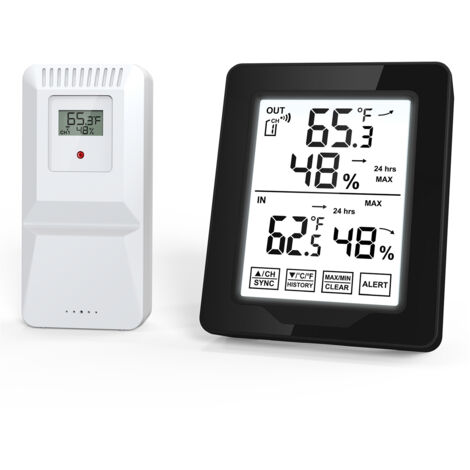Estación meteorológica para interiores y exteriores con termómetro digital y monitor de humedad, retroiluminación blanca y medición precisa de temperatura y humedad.