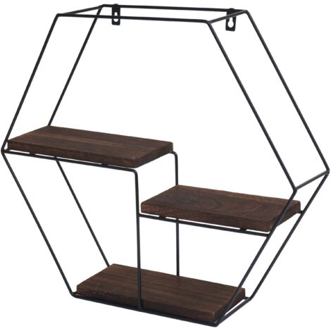 Estante colgante de pared 3 estantes en metal marrón oscuro y madera diseño industrial 43x49x11 cm 040008658