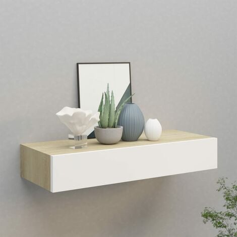 Estante con cajón de pared color roble blanco MDF 60x23,5x10cm