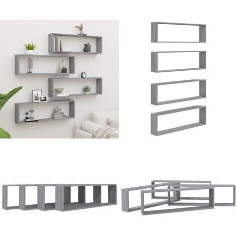 Estante cubo pared 4 uds contrachapada gris Sonoma 100x15x30 cm - Estantería cubica - Estantería decorativa