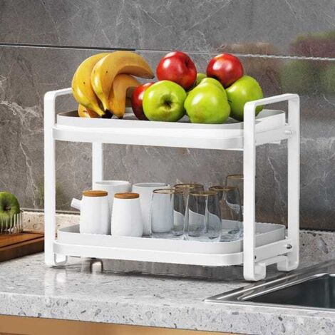 Estante de almacenamiento de dos niveles para tazas, platos y cubiertos, estante de cocina, estante de drenaje para encimera, blanco
