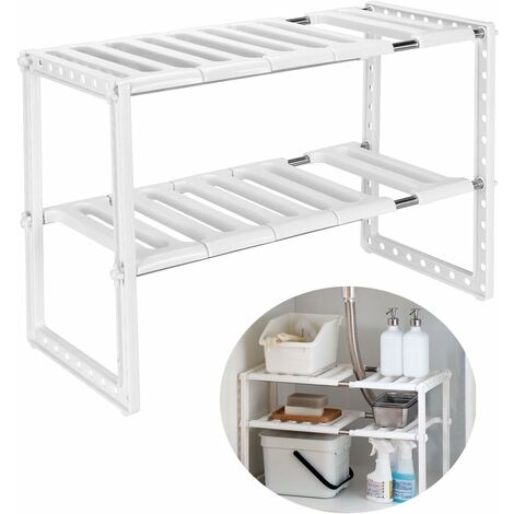 Estante de almacenamiento debajo del fregadero Organizador de estante expandible para cocina Baño Dormitorio Sala de estar Longitud ajustable 38-70 cm, Capacidad de carga 14 kg (Blanco)