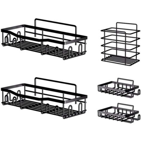 Estante de baño con jabonera, 5 piezas, estante de ducha sin taladrar, accesorio de baño inoxidable, almacenamiento de ducha con ganchos, esencial para baño y cocina (negro)