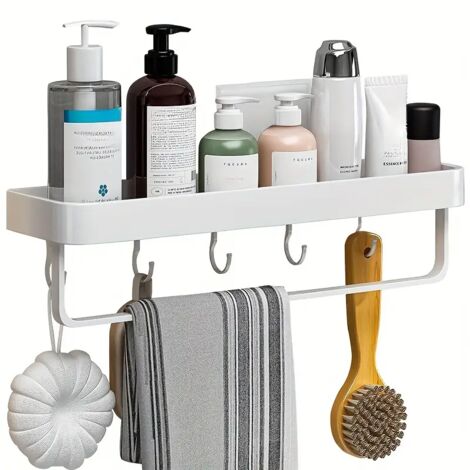 Estante de baño de aluminio sin perforaciones, para montaje en pared, para almacenamiento y acabado, toallero multifuncional (41 cm, blanco)