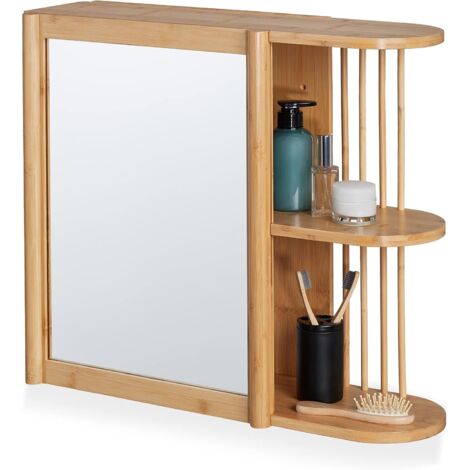 Estante de baño de bambú con espejo, diseño semiabierto, colgante, altura 53 x anchura 62 x 20 cm, color natural
