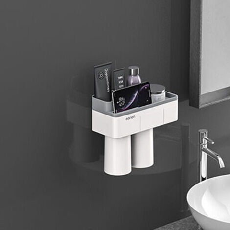 Estante de baño de pared con capacidad para 2 tazas, no requiere taladrar y cuenta con soporte magnético con ventosa.