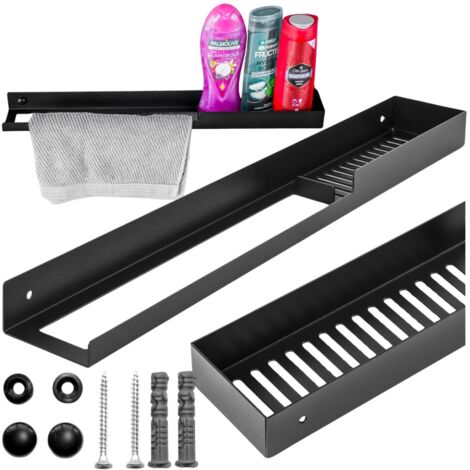 Estante de baño negro colgado en la ducha para toallas y cosméticos.