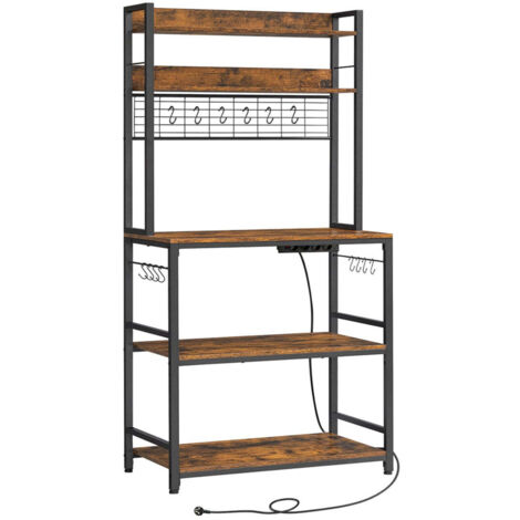 Estante de cocina con regleta de enchufes soporte para microondas estante de almacenamiento con panel de malla 14 ganchos 40 x 80 x 170 cm marrón rústico y negro 120005666