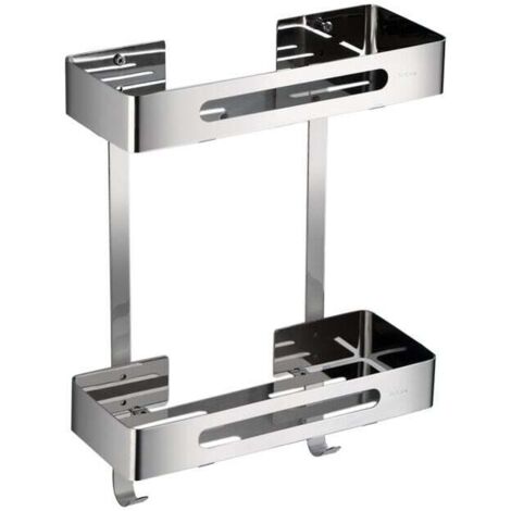 Estante de ducha de acero inoxidable - Bandeja para bañera, soporte de pared para estante de esquina (2 niveles, acero inoxidable, gancho trasero)
