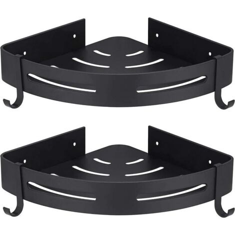 Estante de ducha de esquina sin perforación, juego de 2 con ganchos, almacenamiento de baño negro, accesorios de baño, jabonera, estante de ducha sin perforación