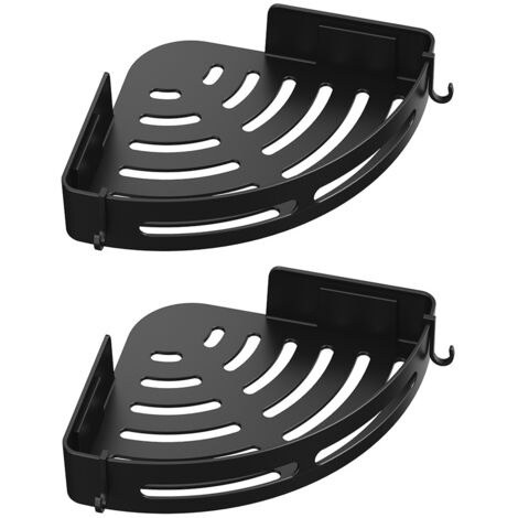 Estante de ducha esquinero de metal sin taladrar con 2 ganchos, soporte autoadhesivo inoxidable para artículos de baño, 2 piezas (negro)