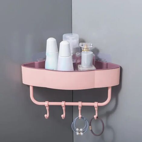 Estante de esquina de plástico, triangular, estante de almacenamiento sin taladros con ganchos, estante para gel de ducha y champú, estante de baño, rosa