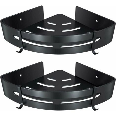 Estante de esquina para baño, sin taladrar, cesta de almacenamiento autoadhesiva de aluminio para champú, jabón y toallas, con ganchos (triángulo, negro, paquete de 2)