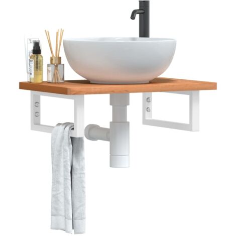 Estante de lavabo de pared de acero y madera maciza de haya