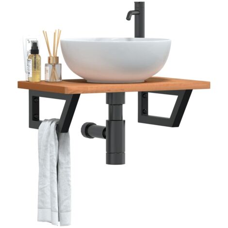 Estante de lavabo de pared de acero y madera maciza de haya