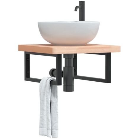 Estante de lavabo de pared de acero y madera maciza de haya