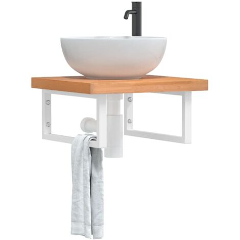 Estante de lavabo de pared de acero y madera maciza de haya