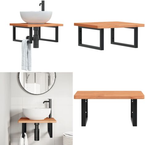 Estante de lavabo de pared de acero y madera maciza de haya - Estantería de pared - Estantería de acero