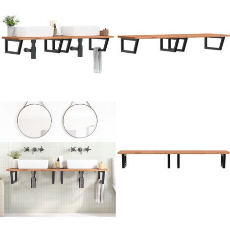 Estante de lavabo de pared de acero y madera maciza de haya - Estantería de pared - Estantería de acero
