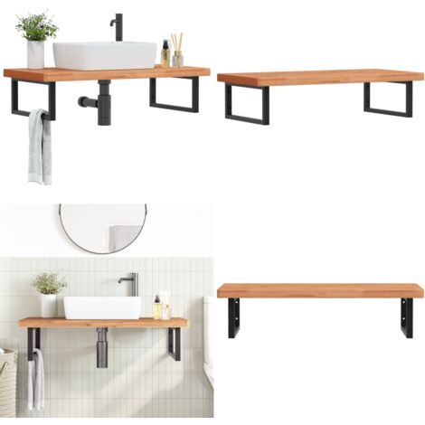 Estante de lavabo de pared de acero y madera maciza de haya - Estantería de pared - Estantería de acero