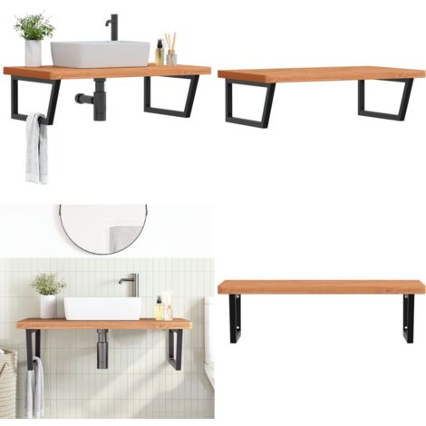 Estante de lavabo de pared de acero y madera maciza de haya - Estantería de pared - Estantería de acero