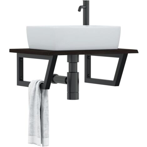 Estante de lavabo de pared de acero y madera maciza de roble