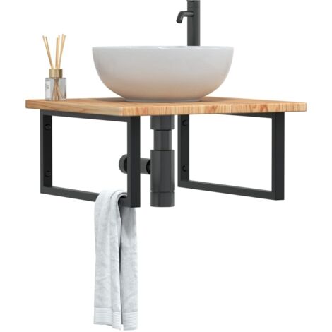 Estante de lavabo de pared de acero y madera maciza de roble