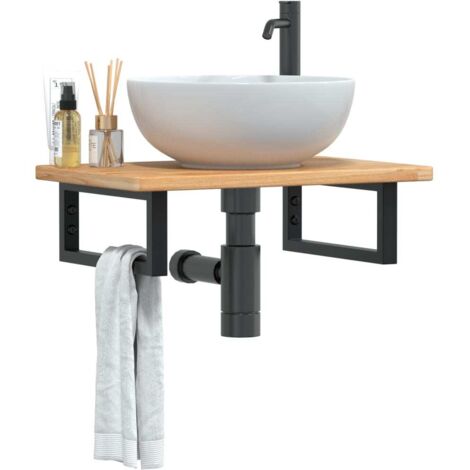 Estante de lavabo de pared de acero y madera maciza de roble
