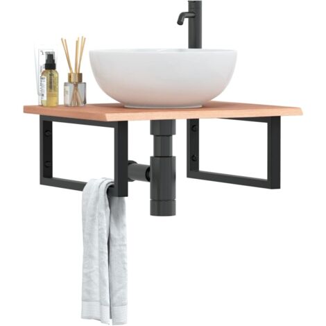 Estante de lavabo de pared de acero y madera maciza de roble