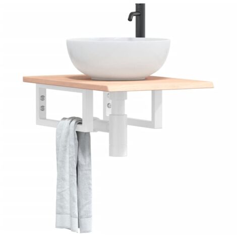 Estante de lavabo de pared de acero y madera maciza de roble