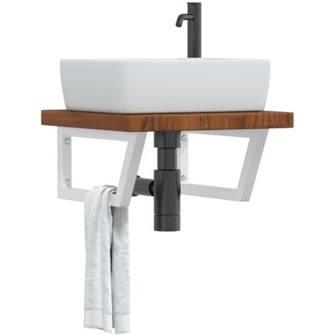 Estante de lavabo de pared de acero y madera maciza de roble