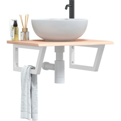 Estante de lavabo de pared de acero y madera maciza de roble