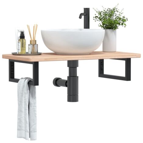Estante de lavabo de pared de acero y madera maciza de roble