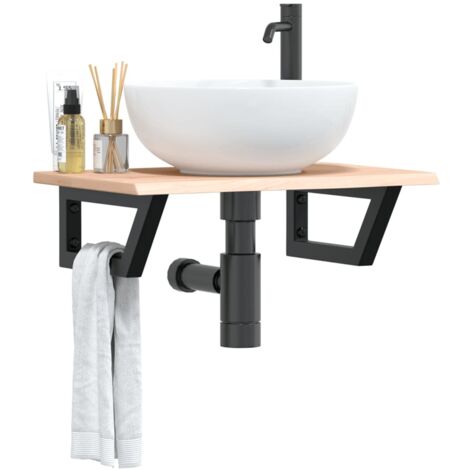Estante de lavabo de pared de acero y madera maciza de roble
