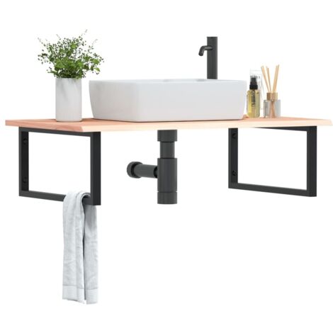 Estante de lavabo de pared de acero y madera maciza de roble