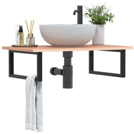Estante de lavabo de pared de acero y madera maciza de roble