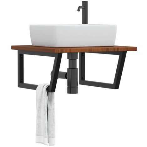 Estante de lavabo de pared de acero y madera maciza de roble