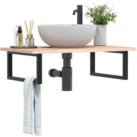 Estante de lavabo de pared de acero y madera maciza de roble