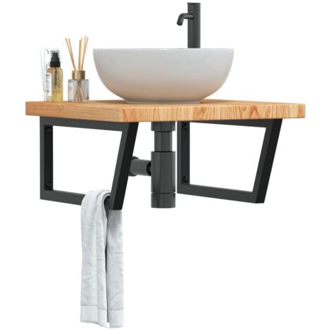 Estante de lavabo de pared de acero y madera maciza de roble