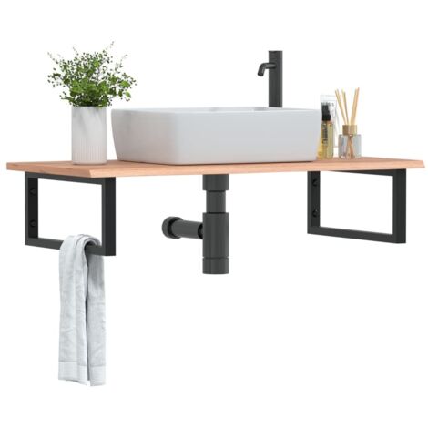 Estante de lavabo de pared de acero y madera maciza de roble