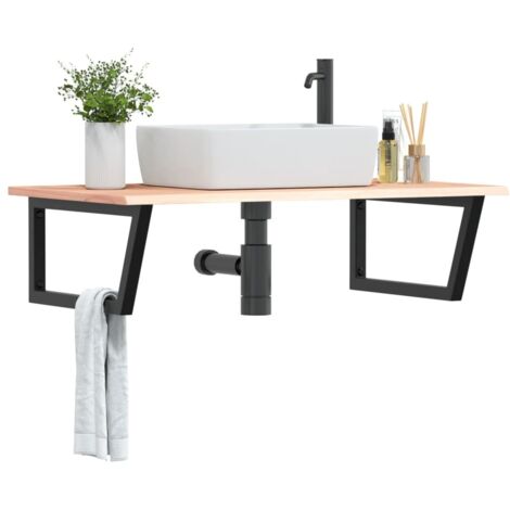 Estante de lavabo de pared de acero y madera maciza de roble
