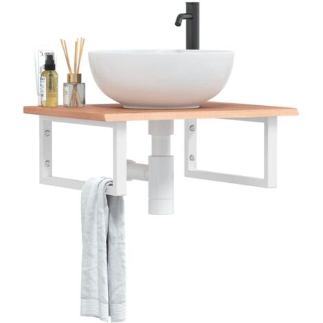 Estante de lavabo de pared de acero y madera maciza de roble
