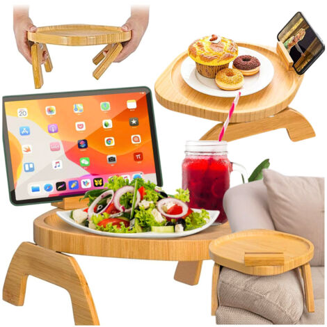 Estante de mesa bandeja para sofá, sillón, bambú, práctico soporte para tableta