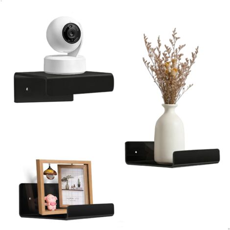 Estante de pared, 3 estantes pequeños negros, mini estantes de pared sin necesidad de taladrar, estantes flotantes de acrílico para baño, sala de estar, dormitorio, 10 x 10 x 5 cm